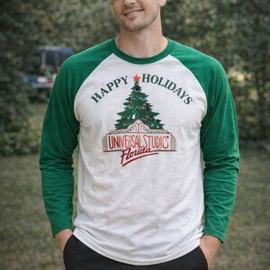 Universal Studios Florida Happy Holidays Christmas 3/4 Sleeve JerSey Large Tee